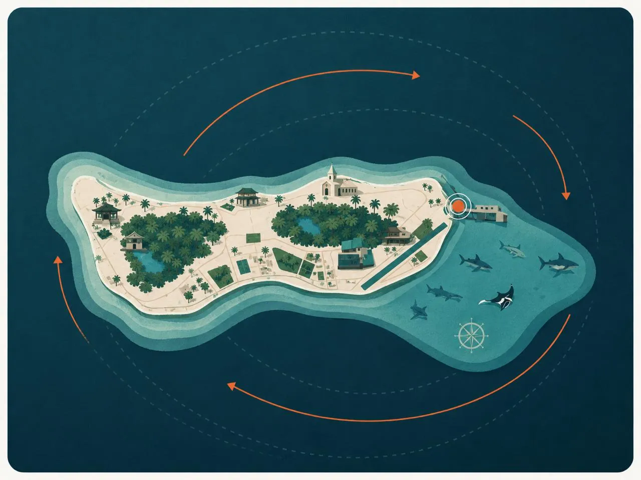 Illustrierte Karte von Fuvahmulah mit der Insel, den umgebenden Strömungen und der Seite des Riffs, an der die Hai-Begegnungen stattfinden