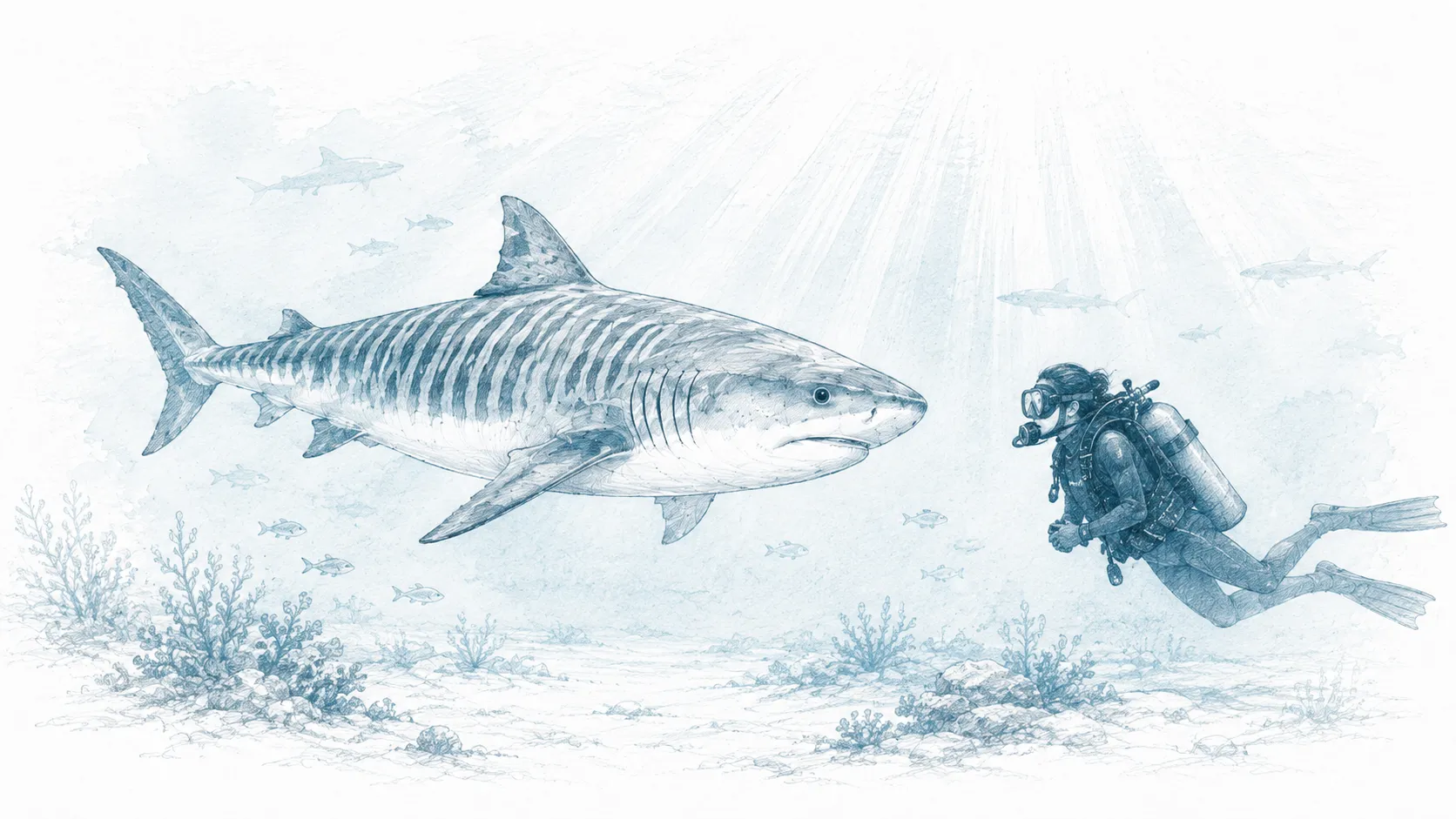Illustrated underwater scene showing a diver facing a tiger shark in clear shallow blue water, with smaller fish and reef detail around them.