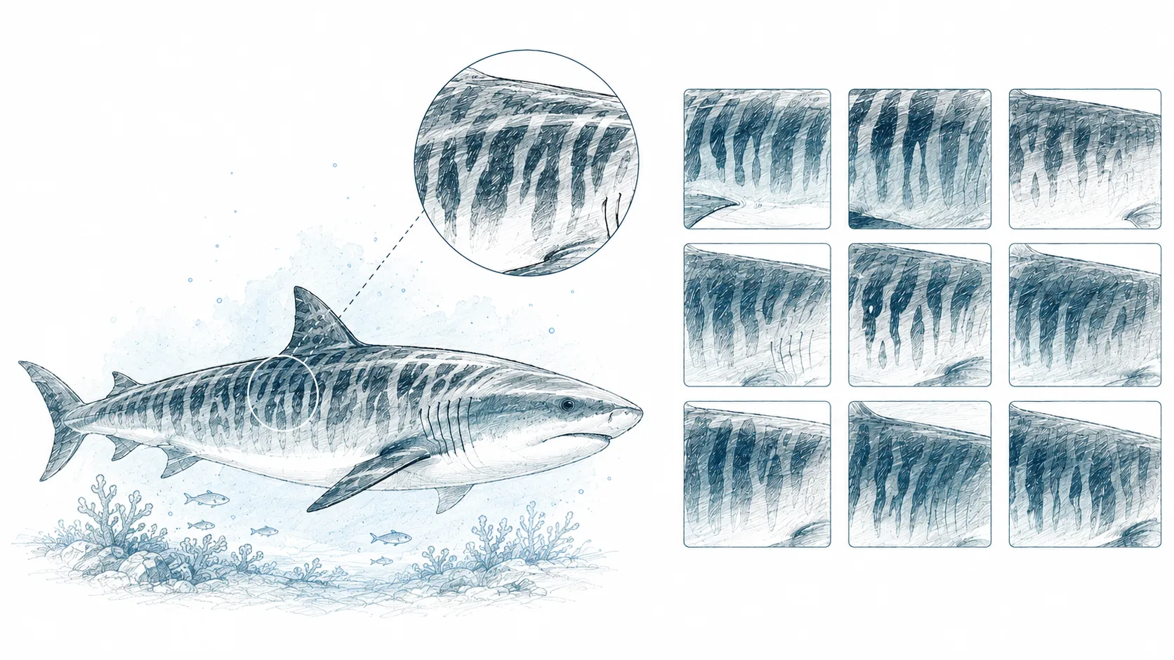 Illustrated tiger shark identification diagram highlighting the unique stripe and spot patterns researchers use to distinguish one individual from another.