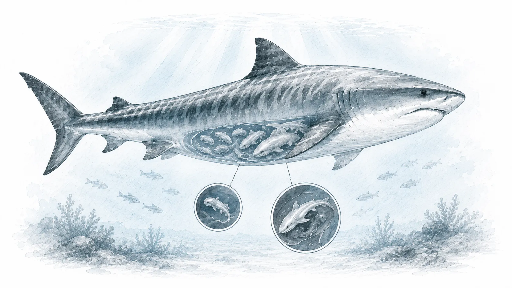 Illustrated tiger shark cutaway showing embryos inside the abdomen, with enlarged callouts representing different embryo development stages.