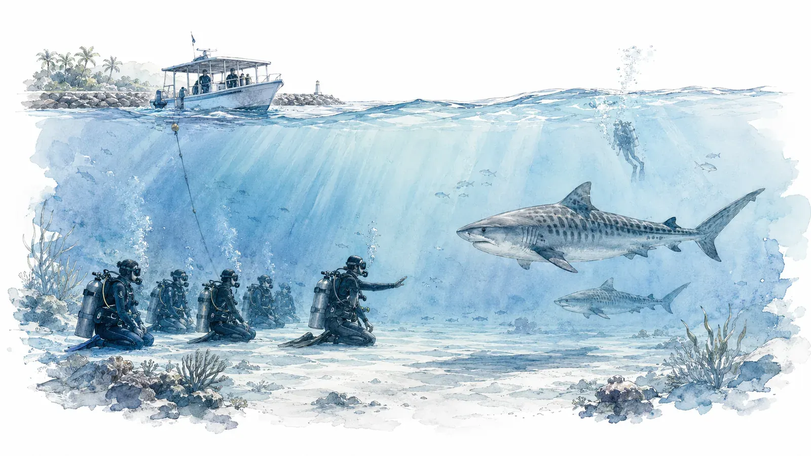 Editorial process illustration showing the sequence of a Fuvahmulah tiger shark dive from short harbor boat ride to descent, holding position, shark pass, and ascent.