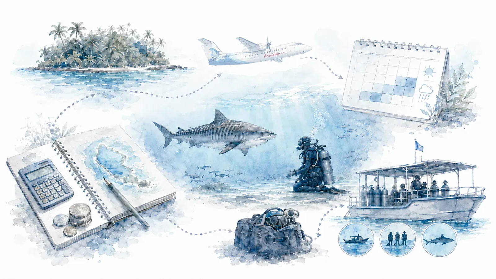 Decision-flow illustration showing the correct planning order for a Fuvahmulah tiger shark trip: safety and suitability, best time, getting there, real trip costs, and operator comparison.