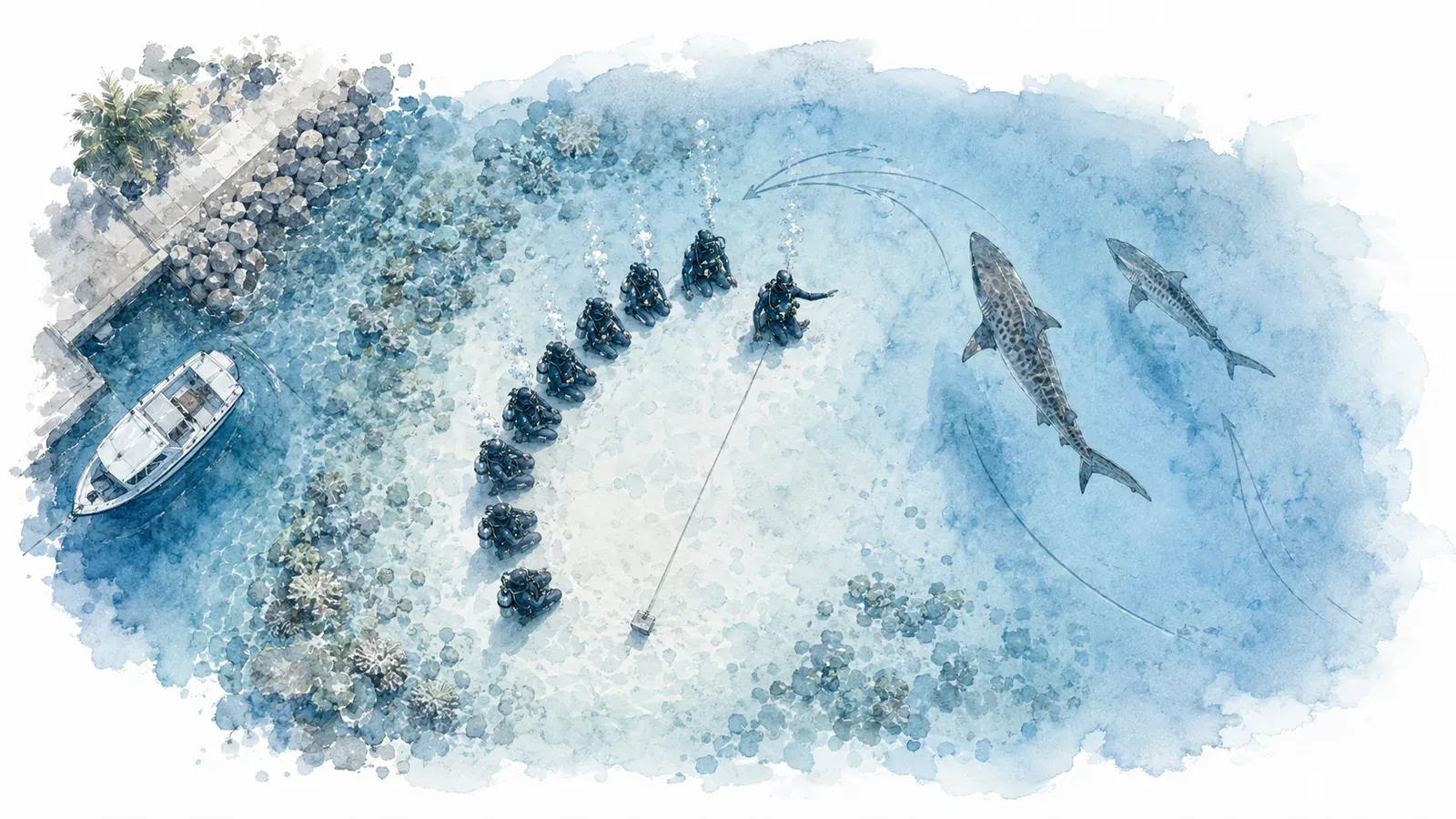 Top-down schematic of diver formation at Fuvahmulah showing the compact group on sand, guide position, shark pass direction, and the bait line kept in front of divers.