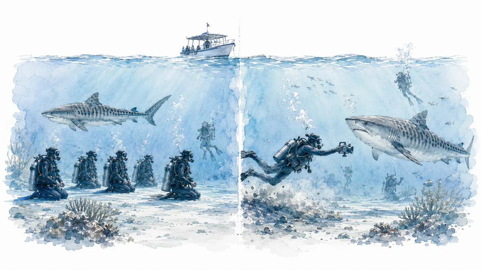 Safety comparison diagram showing correct compact diver formation and calm posture on one side, versus unsafe drifting, overreaching, and broken spacing on the other.