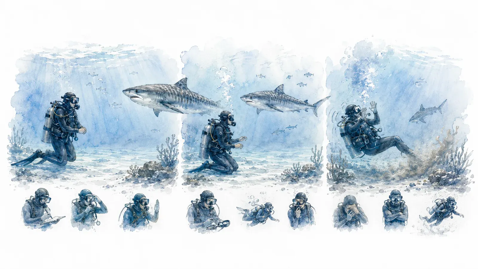 Decision matrix classifying divers into good fit, borderline fit, and poor fit for the Fuvahmulah tiger shark dive based on buoyancy, recent diving, calmness, rule discipline, and comfort around large animals.
